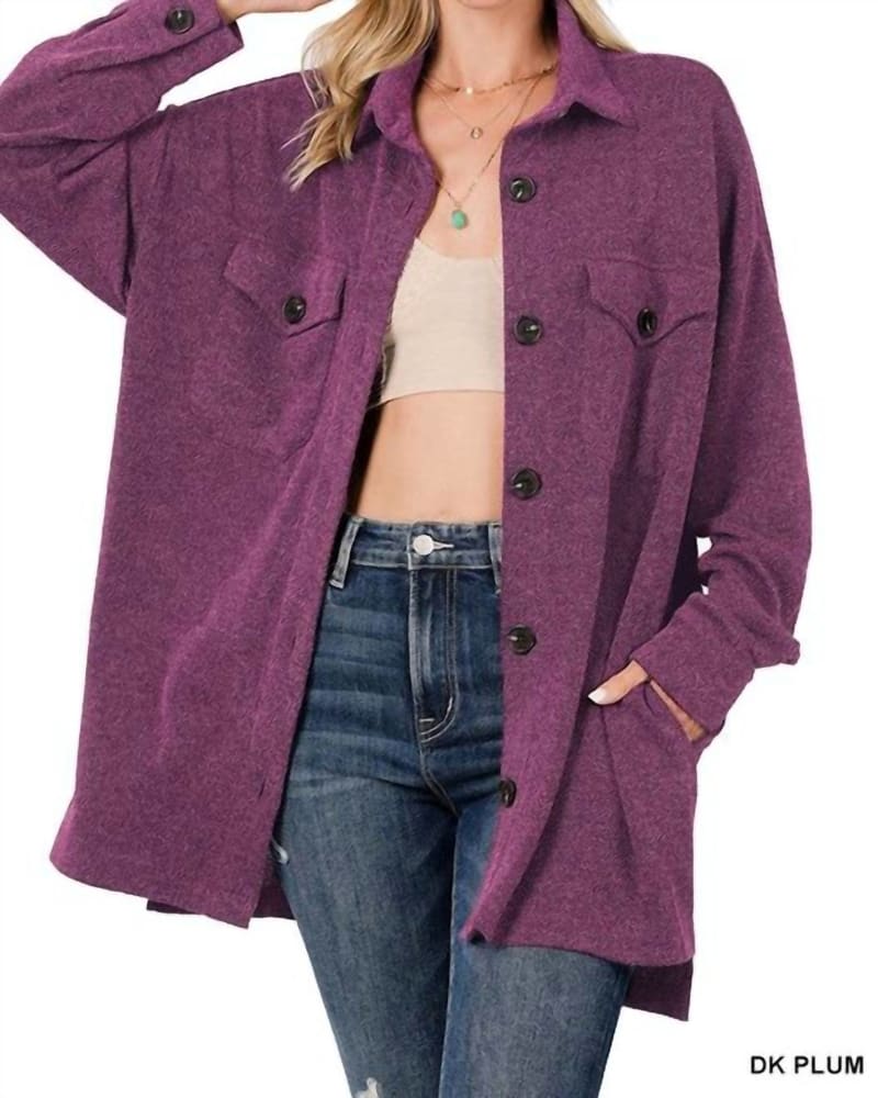 Front of a model wearing a size LARGE Kendall Oversized Shacket in Dark Plum in Dark Plum by Zenana. | dia_product_style_image_id:326869